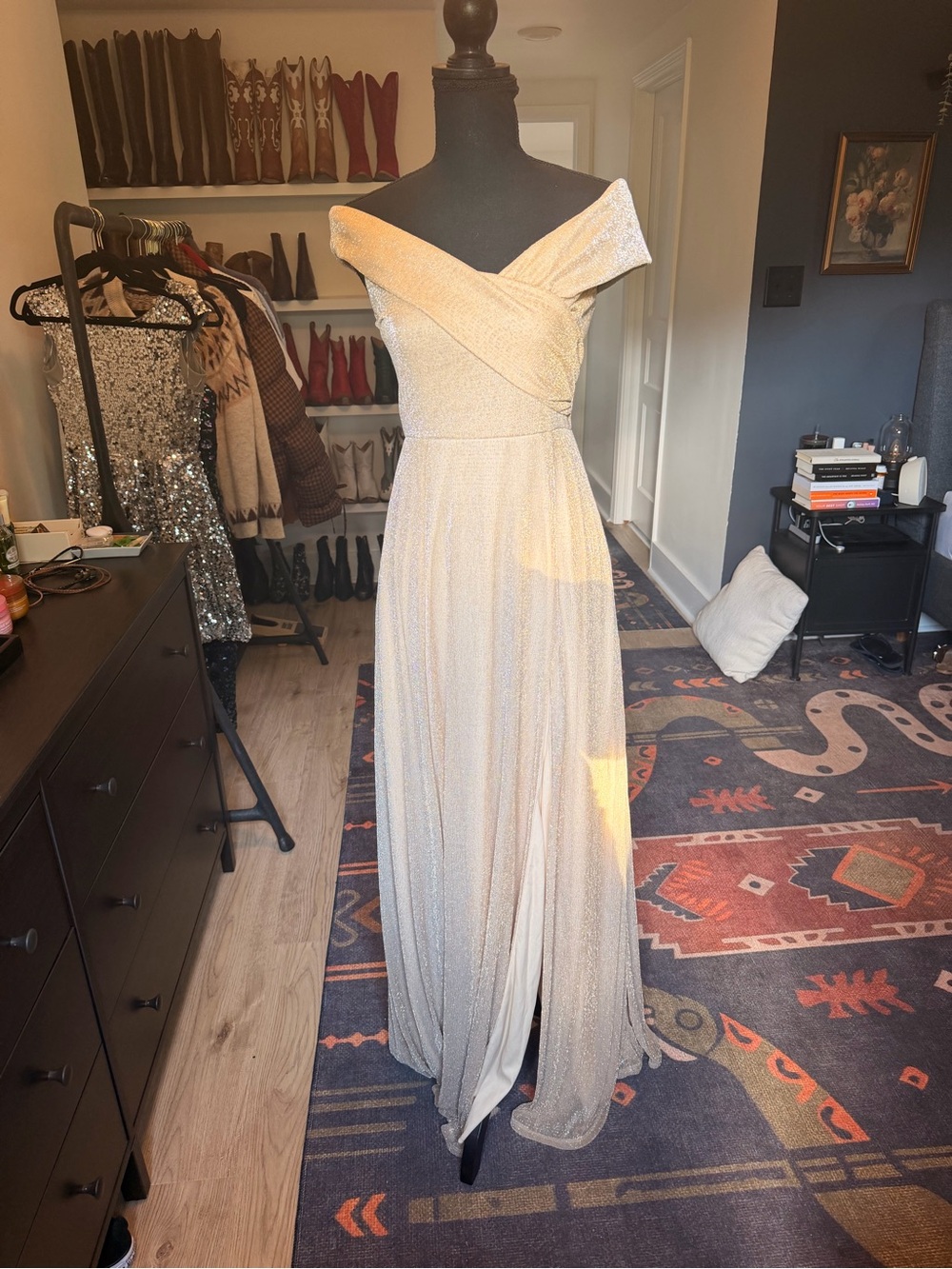 Windsor Champagne Glitter Off-Shoulder Maxi Dress